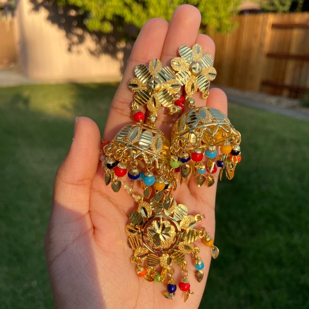Gold and Multicolor Jhumka Earrings and Tikka